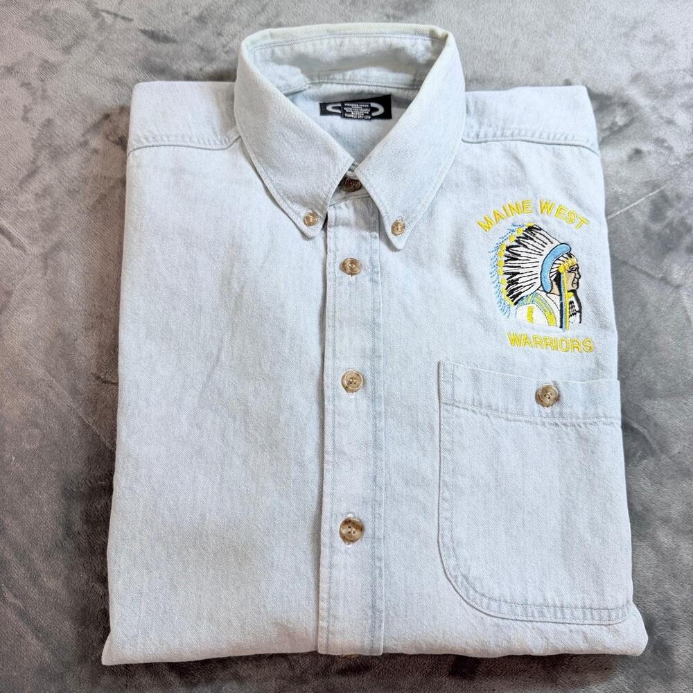VTG 90s Tree Rivers Maine West Worriers Embroidered Denim Shirt Sz M Distressed